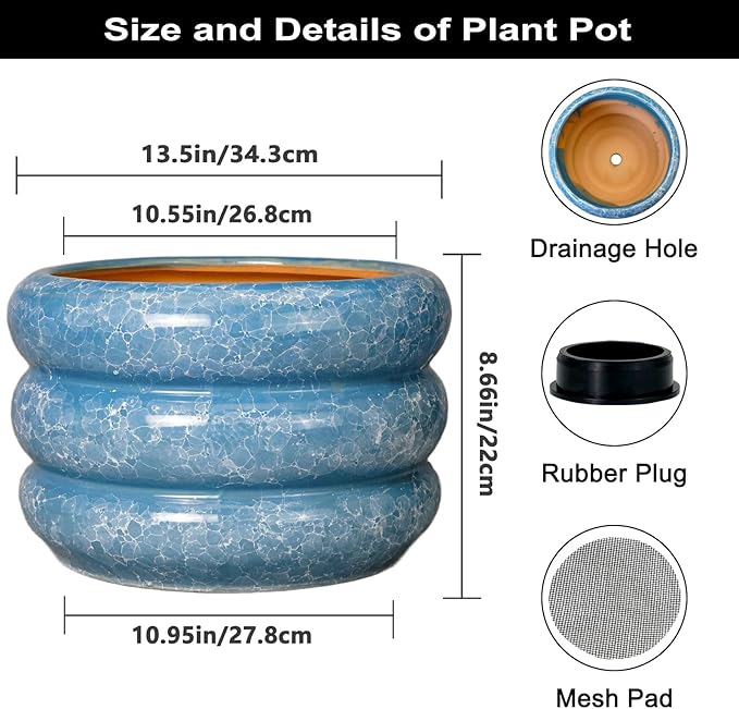 SQOWL Ceramic Plant Pot Indoor with Drainage Hole 13.5 Inch - Large Outdoor Planter Ceramic Flower Pot Modern Round Planter Decorative Plant Pot for Outdoor Porch Decor Blue