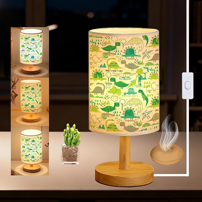 Dinosaur Kids Bedside Table Lamp for Bedroom, 3 Colors Nightstand Light Lamp with Wood Base Round Flaxen Fabric Shade Desk Reading Lamp for Girls Boys Room Decor, Dinosaur Nursery Stuff Boys Gifts
