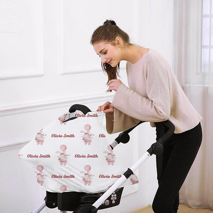 Custom Car Seat Covers for Babies - Breathable Baby Car Seat Cover for Girls Boys, Pink Elephant Print Kick-Proof Newborn Carrier Canopy Stretchy Stroller Cover for 4 Seasons(27"x29")