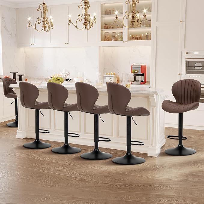 COLAMY Bar Stools Set of 6, Modern Swivel Bar Chairs, Adjustable Faux Leather Upholstered Barstools Counter Height with High Backrest for Bar, Kitchen Island, Dining Room, Brown