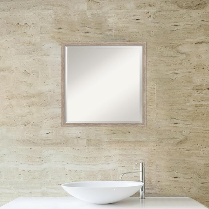 Amanti Art White Bathroom Mirror for Over Sink, 21x21 Hardwood Wedge White Wash Square Vanity Mirror, Medium Country Rustic Wood Frame, Hangs Horizonally and Vertically, Bathroom Wall Decor, Beveled