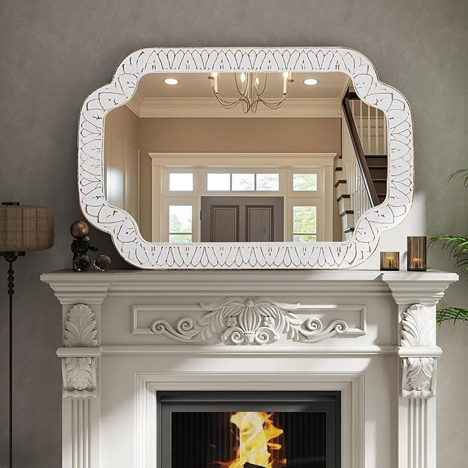 36x24 Inch Scalloped Wall Mirror with Wooden Frame, Rustic Farmhouse Bathroom Vanity Mirror, Decorative Mirrors for Living Room, Bedroom, Entryway – Vertical or Horizontal Mount