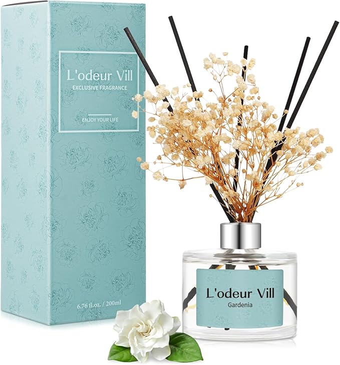 L'odeur Vill Reed Diffuser Set, 6.7 oz(200ml) Gardenia Scented Diffuser with 6 Oil Diffuser Sticks, Home Fragrance Essential Oil Reed Diffuser for Home Large Rooms Bathroom Shelf Decor