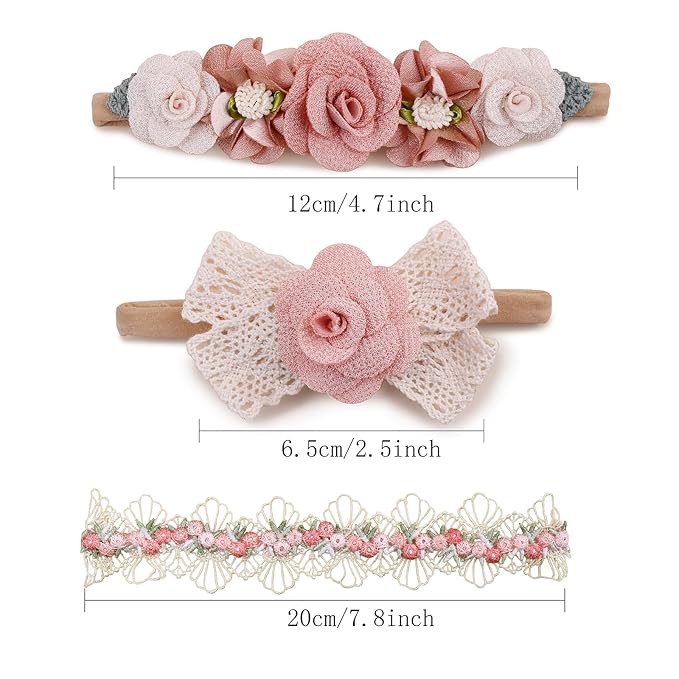 cherrboll 3pcs Baby Girl Headbands Flowers, Super Soft & Stretchy Nylon Floral Hairbands for Newborn Toddler