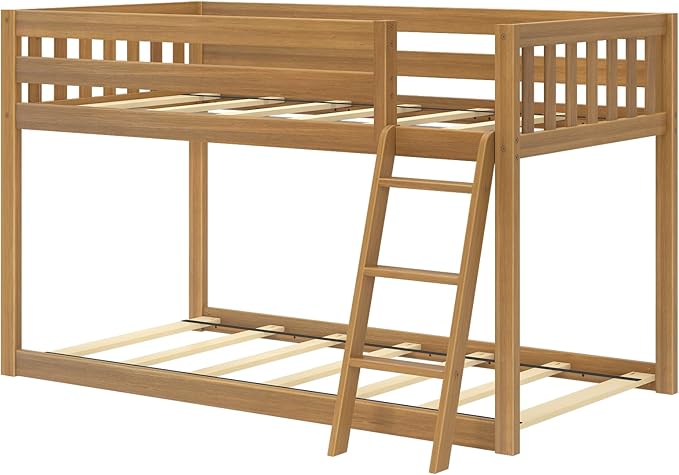 Max & Lily Fundamental Twin Low Bunk Bed, Kids Solid Wood Modern Bed Frame with Strong Wooden Slats, Non-Toxic Finishes, High Weight Capacity, Pecan