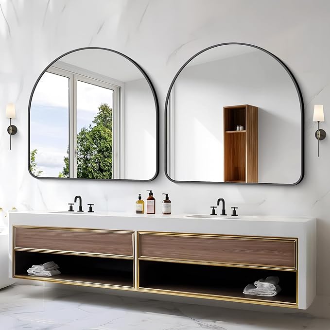 Arched Bathroom Mirror, 30"x30" Black Arched Mirror for Bathroom, Wall Mounted Mirror, Gold Vanity Wall Mirror Metal Frame for Bedroom, Entryway, Living Room, Vertically Hanging