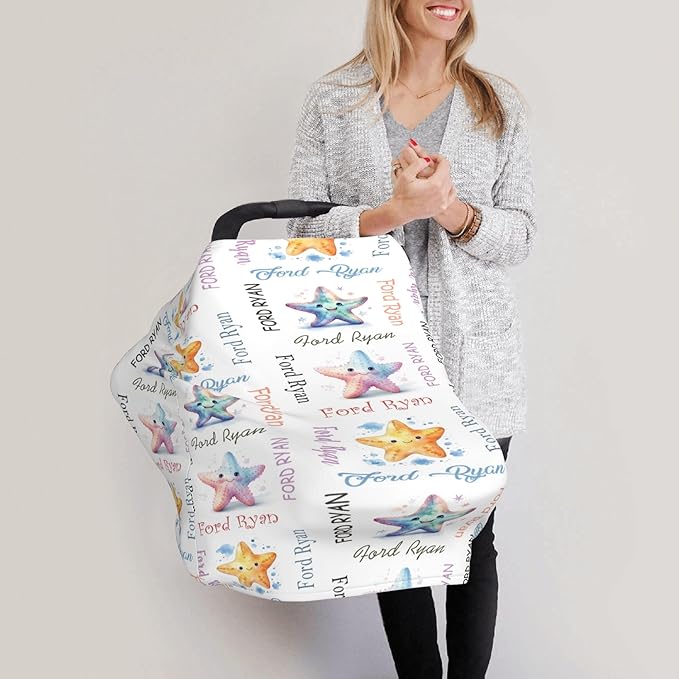 Personalized Baby Car Seat Cover with Name Stroller Canopy Custom Starfish Carseat Cover Newborn Baby Boy Girl Nursing Cover for Moms First Birthday Gift