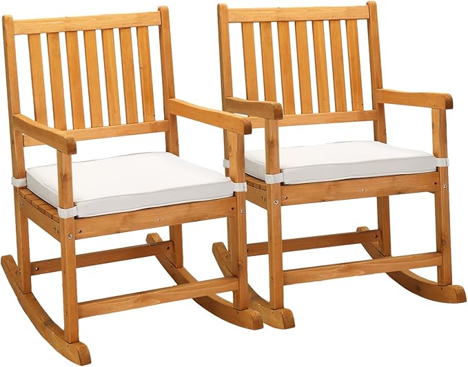 VINGLI Outdoor Rocking Chair, Weatherproof Rocker with Cushion, Wooden Rocking Bench Support 450 LBS for Patio, Yard, Garden, Outdoor or Indoors, Teak(2PCS)