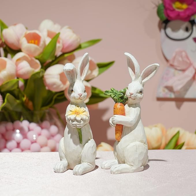 Newman House Studio Easter-Decorations Bunny-Decor Spring-Figurines Table-Centerpiece - 2PC Spring Decorations Resin Rabbits with Carrot and Flower Tabletop Ornaments for Home Farmhouse 4.5H inch