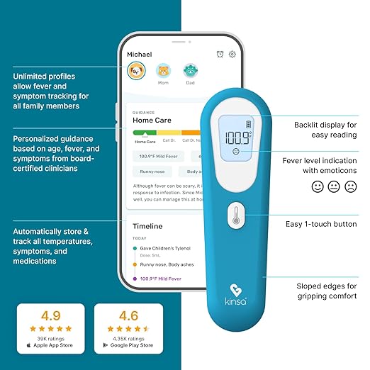 Kinsa QuickScan Smart Forehead Thermometer for Adults, Kids and Babies, No-Touch Digital Thermometer, App-Connected Family Health Tracking, Fast Accurate Fever Readings