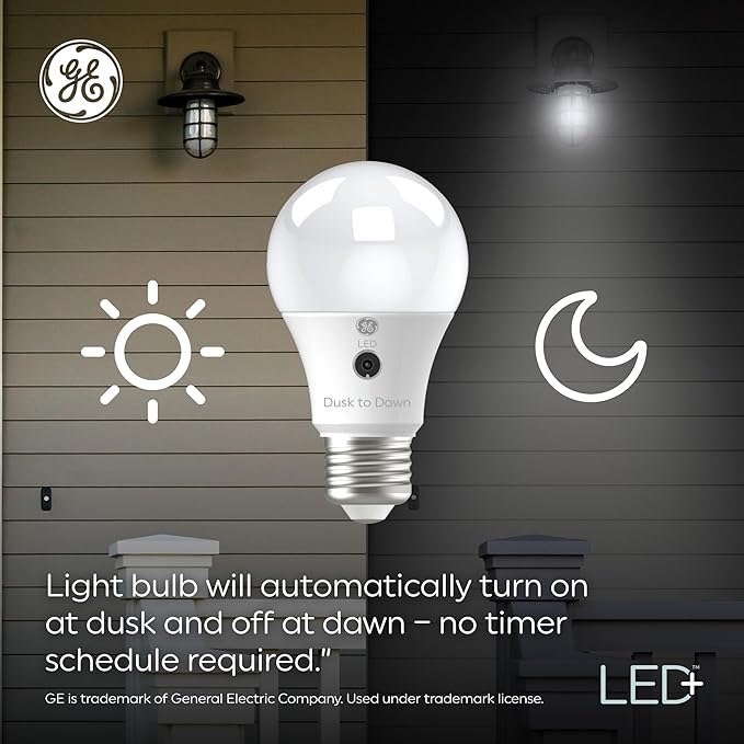 GE LED+ Dusk to Dawn LED Light Bulbs, Automatic On/Off Outdoor Security Lights, Soft White, E12 Candelabra Base (2 Pack)