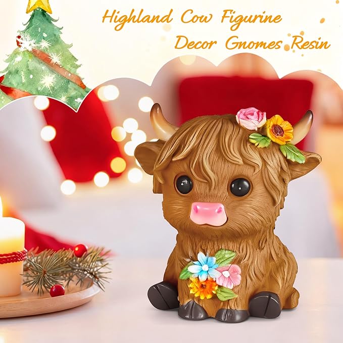 Highland Cow Statue Resin Birthday Gifts for Women,Mom,Beautifully Crafted Home Office Farmhouse Kitchen Decorations Garden Figurine