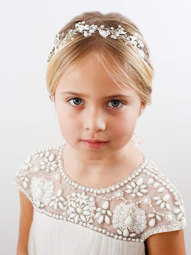 SWEETV Flower Girl Headpiece Silver Princess Wedding Headband -Baby Girls Flower Pearl Hair Accessories for Birthday Party, Photography