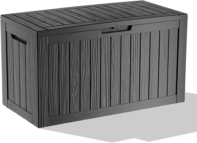 ROJIK Outdoor Storage Housing Deck Box - Waterproof Patio Furniture, Garden Tools, Cushions, Pool Accessories Storage Bench with Lockable Lid and Side Handles (Black 88 Gal)