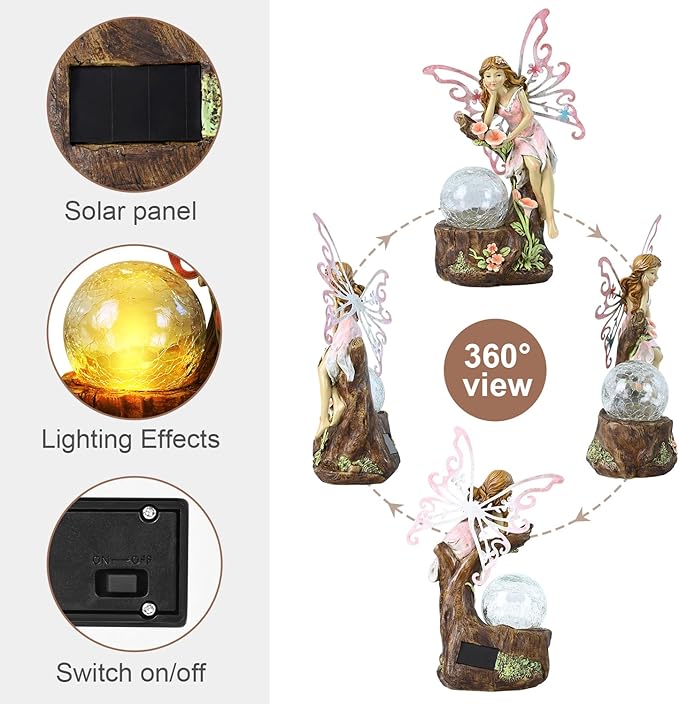 Garden Fairy Statue Outdoor Decor-Solar Flower Fairy Figurines-Garden Fairies Statues Decoration for Outside Lawn Yard Patio,Garden Ornament Gift,Tall 11.8 Inches