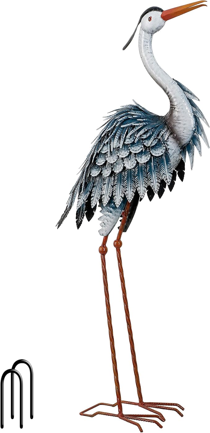 TERESA'S COLLECTIONS Garden Decor Blue Heron Sculptures & Statues Decor, 33.8 Inch Coastal Metal Cranes Decoy for Outdoor Outside Yard Art Patio Pond Pool Lawn Decorations,Housewarming Gift