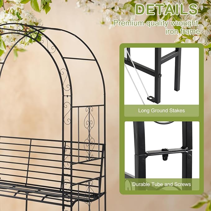 Outvita 7FT Garden Arch Arbor with Seating, Heavy Duty Metal Arbour Archway, Decorative Frame Stand Trellis for Wedding Ceremony Party Plant Climbing Rose Vines Lawn