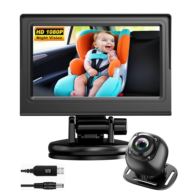 USB Baby Car Camera Plug-Play，4.3" HD Night Vision Function Car Mirror Display，360 Rotation Rear Facing Baby Monitor with Camera Night Vision，Wide Clear View，Easily Observe The Baby's Move，Dark Black