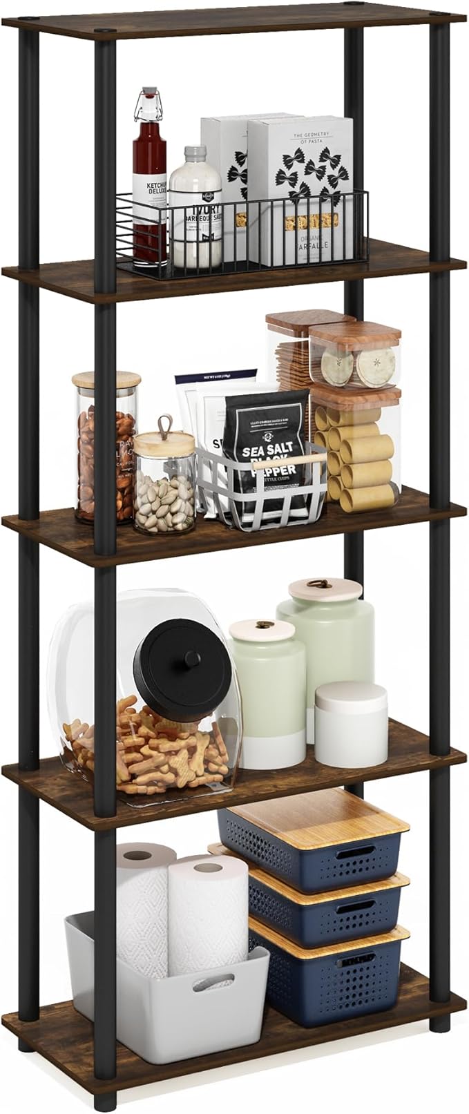 Furinno Turn-N-Tube 5-Tier Multipurpose Shelf Display Rack, Amber Pine/Black