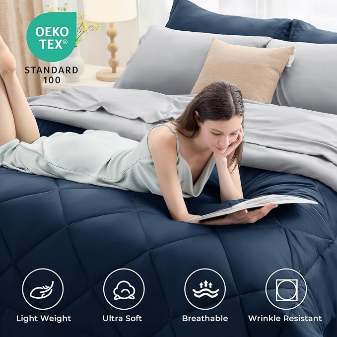 HEVUMYI Queen Comforter Set - 7-Piece All Season Bed in a Bag Queen, Ultra Soft Bedding Set with Comforter, Flat Sheet, Fitted Sheet, Pillowcases, Pillow Shams, Navy Blue & Light Grey