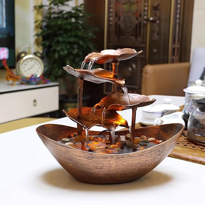 Meditation Decor, Desktop Lotus Leaf Yuanbao Flowing Water Fountain Decoration Living Room Screen Porch Home Decoration, LED Atmosphere Night Light,Office Home Decoralth (D)
