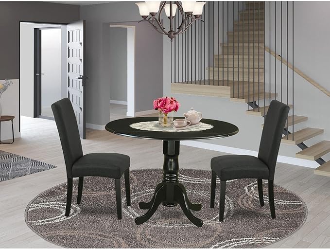 East West Furniture DLDR3-BLK-24 3 Piece Kitchen Table Set Contains a Round Dining Table with Dropleaf and 2 Black Color Linen Fabric Upholstered Chairs, 42x42 Inch, Black