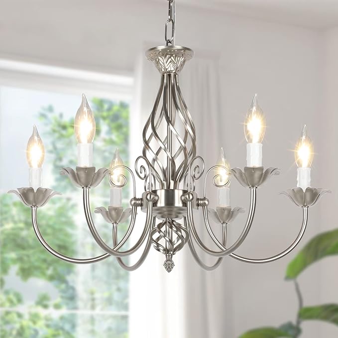 6-Light Farmhouse Candle Chandelier for Living Room, Rustic Industrial Pendant Ceiling Light fixture, Brushed Nickle Modern Ceiling Hanging Lamp for Bedroom Hallway Kitchen Dining Room Foyer, E12 Base