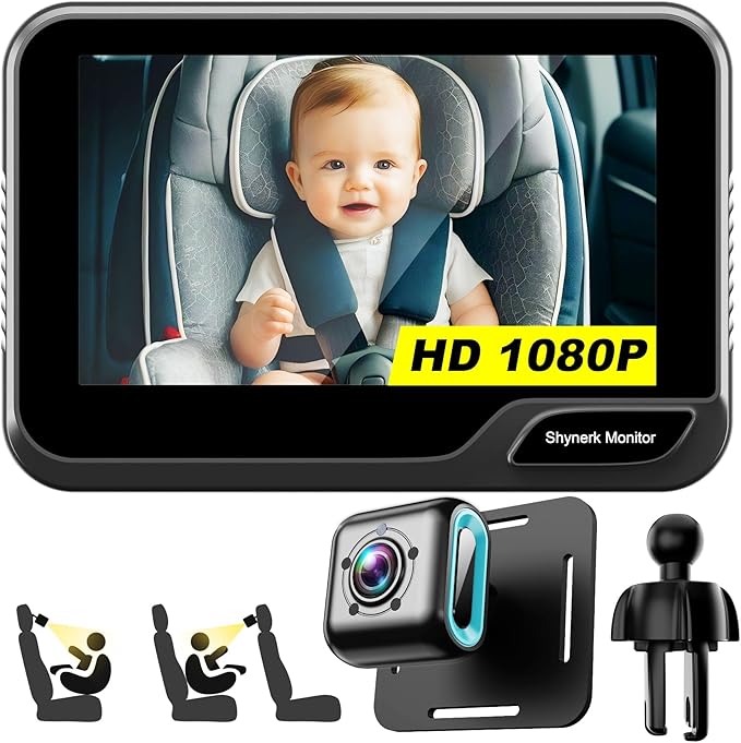 Baby Car Mirror, 4.3'' HD Night Vision Function Mirror Display, Wide View Baby Car Camera Monitor 1080P Rear Facing Monitor, 360 Rotation Backseat Camera Black YB-405CA