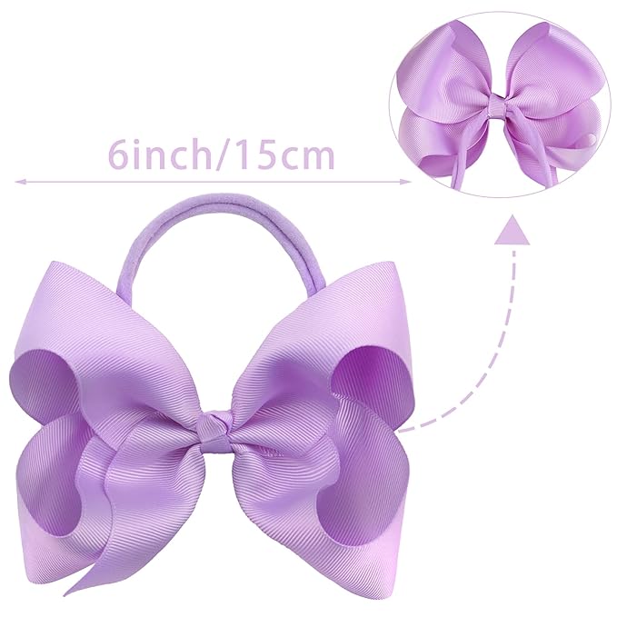 2Pcs 6 Inches Ribbon Baby Girls Headbands Infant Elastic Hairbands Large Cheer Bow Hair Band Accessories for Child Toddlers Girls (Light Purple)