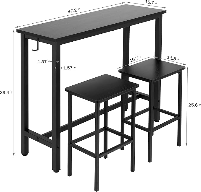 Finnhomy 47" Bar Set - Pub High Top Table With Stools, Rectangular Bar Height Kitchen Set for 2, Industrial Breakfast for Kitchen, Living Room, Rustic Black