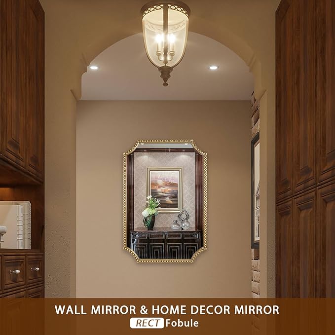 24"x36" Mirror for Wall, Scalloped Corners Rectangle Decorative Mirror, Metal Beaded Frame Accent Wall Decor for Bathroom, Entryway, Mantel, Antique Gold