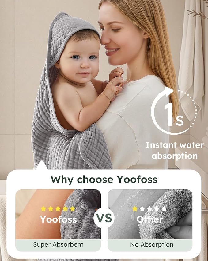 Yoofoss Hooded Baby Towels for Newborn 2 Pack 100% Muslin Organic Cotton Baby Bath Towel with Hood for Babies, Infant, Toddler and Kids,37.5"x37.5",Soft and Absorbent Newborn Essential,Grey&Dark Green