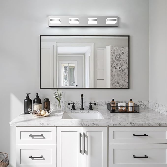 Bathroom Lighting Fixtures Over Mirror, 4 Light Bathroom Vanity Light Fixtures with Cool White 5000K, Silver LED Modern Vanity Wall Lights for Bath, Dressing Room, Restroom, 29.5 inch