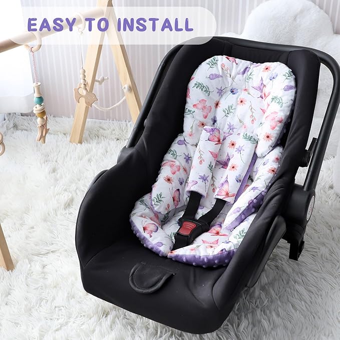 Pea Pod Infant Car Seat Insert with Strap Covers, All in One Reversible Baby Car Seat Head Support for Newborn, 3D Soft Minky Carseat Cushion for Preemie to Infant, Stroller, Swing, Bouncer, Butterfly