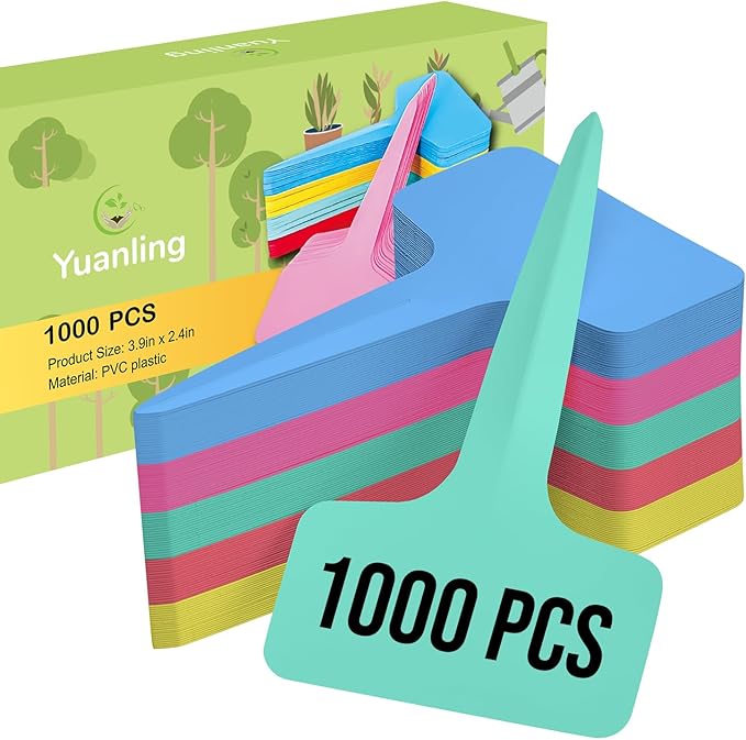 Plant Labels 1000 Pcs Yuanling T-Type Plastic Garden Tags Waterproof Plant Sign Stakes Nursery Garden Makers for Seedlings Flower Vegetables Herb Potted Belt Permanet Marker Pen (5 Colors)