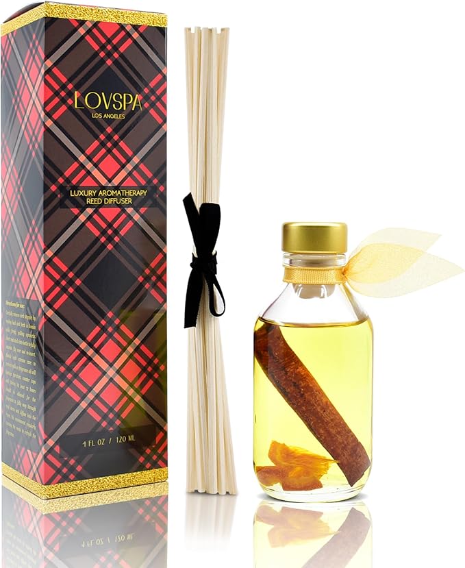 LOVSPA Reed Diffuser Set, Spiced Pomander Orange Cinnamon Scented Oil Diffuser with Sticks, Home Fragrance Accessories for Bathroom Shelf Decor, Aroma Diffusers for Home or Office Desk, USA Made