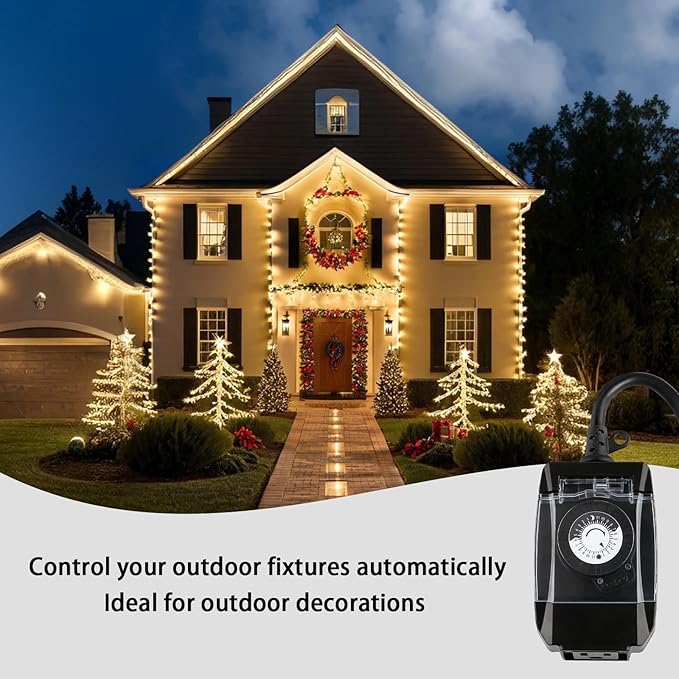 Outdoor Timer Outlet Waterproof, 24 Hour Mechanical Timer Outlet for Home and Garden, Single Grounded, 15A 3/4HP, Black, 1 Pack