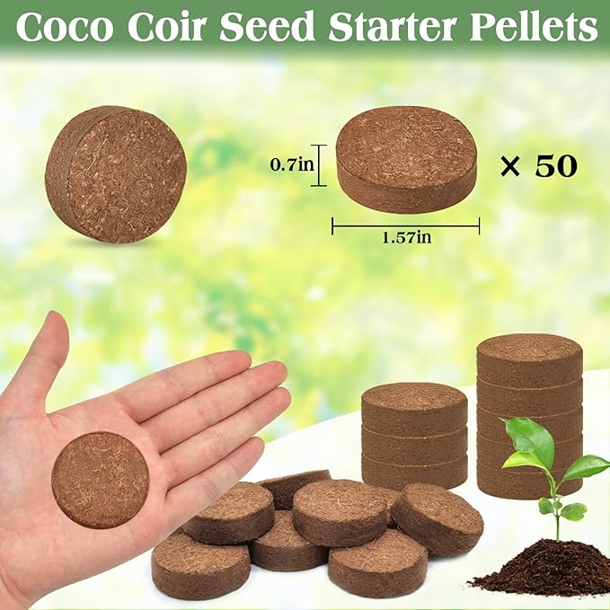 ZeeDix 50pcs(40mm) Coco Coir Pellets Potting Soil Indoor Plants, Compressed Coconut Coir Soil Pellets Seed Starting Pellets Soil Discs for Planting Flowers Bonsai Herbs Plants and Vegetables
