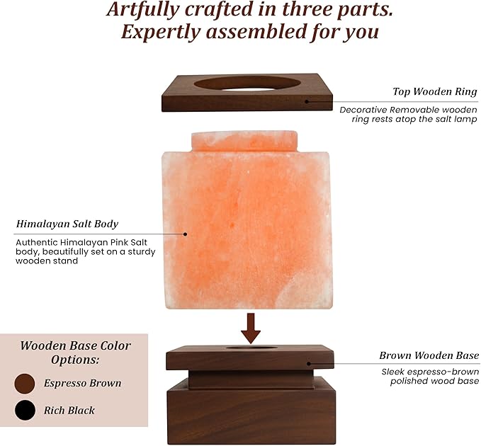 POHS 100% Authentic Cube Shape Himalayan Pink Salt Lamp with Brown Wooden Base, Dimmer Switch Cord and Two Bulbs, Night Light for Home and Office Table and Desk, Gift and Decor