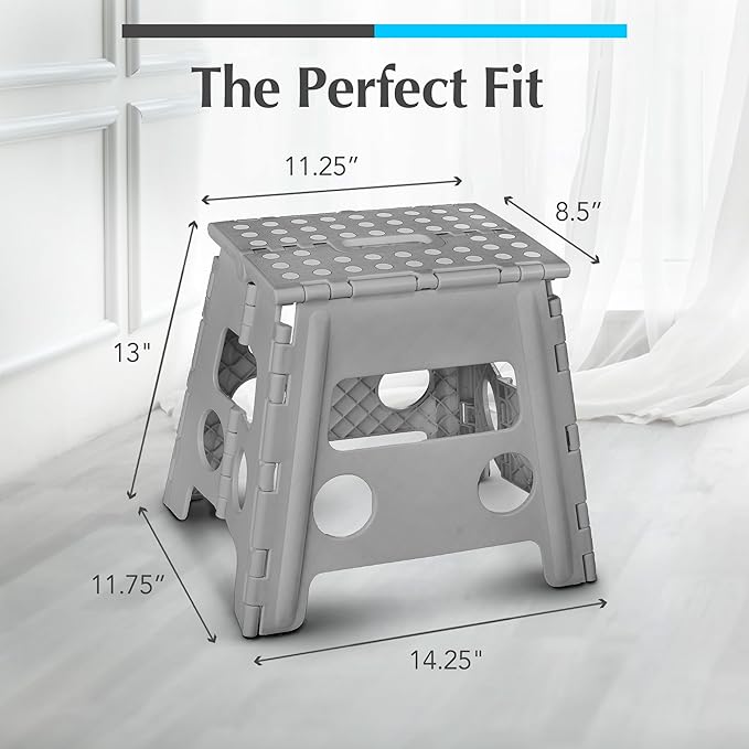 Handy Laundry Folding Lightweight Step Stool - Sturdy Enough to Support Adults and Safe Enough for Kids - Opens Easy with One Flip - Great for Kitchen, Bathroom or Bedroom (Grey - 13 inch)