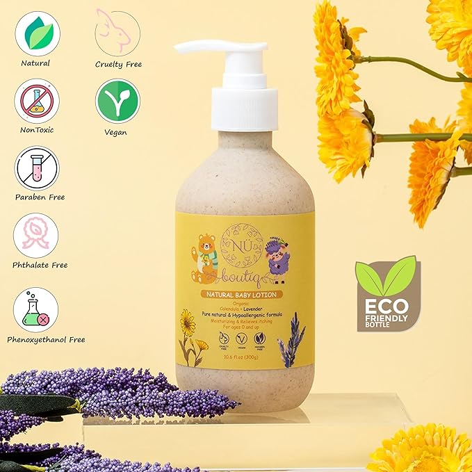 Organic Vegan Baby Lotion – Calendula & Lavender for Gentle Moisturizing Sleep-Time Moisture, Newborns & All Skin Types Eco-Friendly Biodegradable Bottle - 10.6 Fl Oz