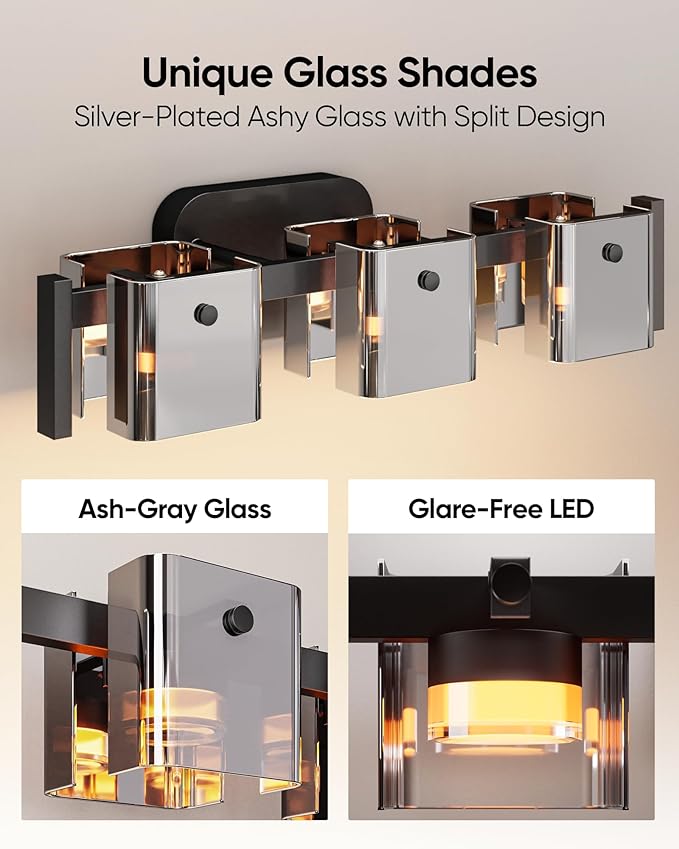 JACKYLED Bathroom Light Fixture, Modern 3-Light Vanity Lights with Art Glass Shades, 3 Color Temperatures LED Bathroom Lighting Fixture Over Mirror, 15W 900 Lumen 30° Adjustable, Ash Gray Glass