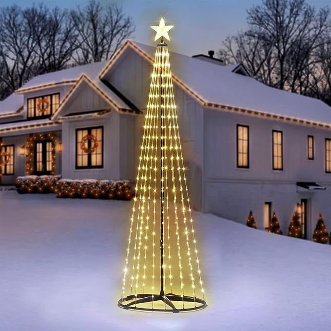 7 ft Lighted Outdoor Christmas Tree, 310 LEDs Pre-lit Christmas Cone Tree with Star Topper for Indoor and Outdoor Holiday Decorations (Warm White)