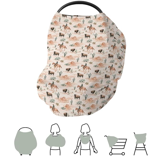 Vintage Cowboy Buffalo Car Seat Covers for Babies Retro Bison Cactus Stretchy 5-in-1 Cover Adjustable Car Canopy Breastfeeding Cover Western Desert Breathable Nursing Cover-Up