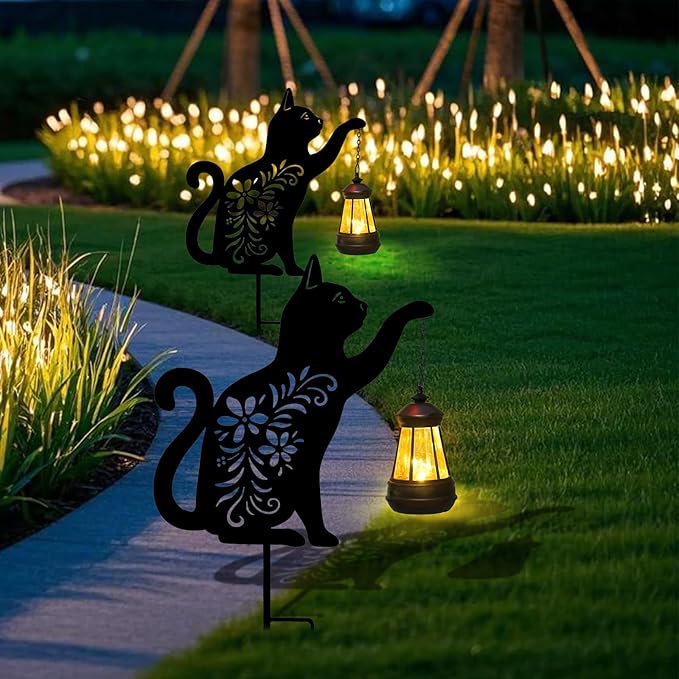 Afirst Solar Outdoor Garden Stake Solar Cat Decorative Stake Light with Lantern Decorative Lights Metal Outdoor Ornament for Yard Pathway Lawn Patio Decoration
