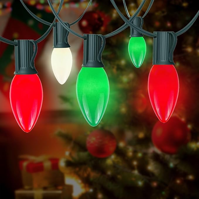 25Ft C9 LED Christmas Lights Outdoor Indoor, Multicolor Red Green White Vintage String Lights, Connectable Holiday Decor for Xmas Tree Wedding Party Patio Porch Yard