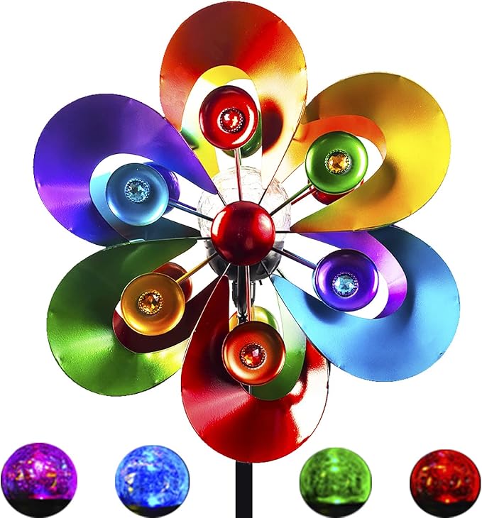 Solar Wind Spinner,Garden Wind Catcher Wind Mills, Solar Powered RGB Color Changing LED with Glass Ball, 60Inch Outdoor Metal Patio Aculptures Dual Direction Decorative Lawn Ornament Wind Mill