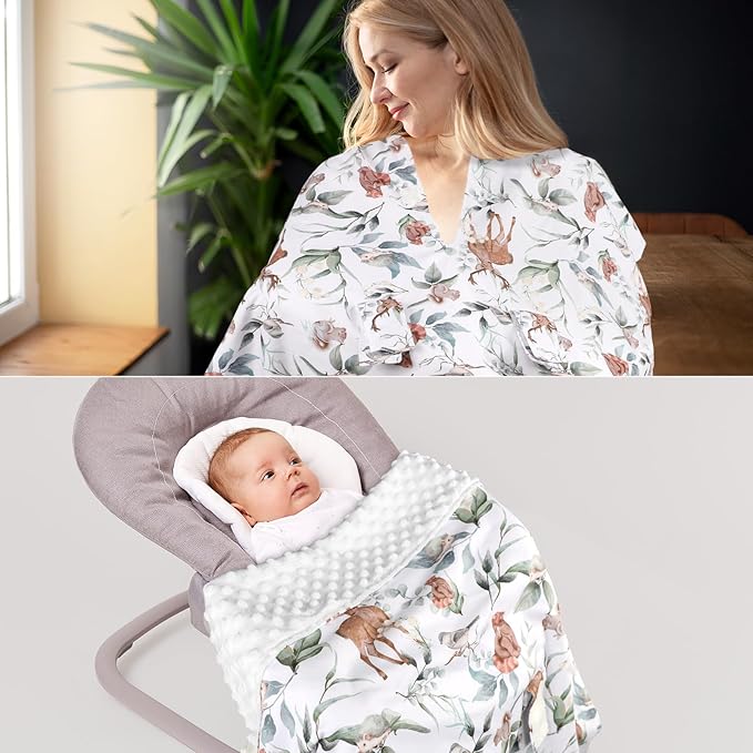 TANOFAR Baby Carseat Canopy, Peekaboo Opening Car Seat Canopy for Babies, Soft and Breathable Infant Carrier Canopy, Multi-use Baby Carrier, Stroller, Nursing Cover, Minky Blanket, Animal Leaf