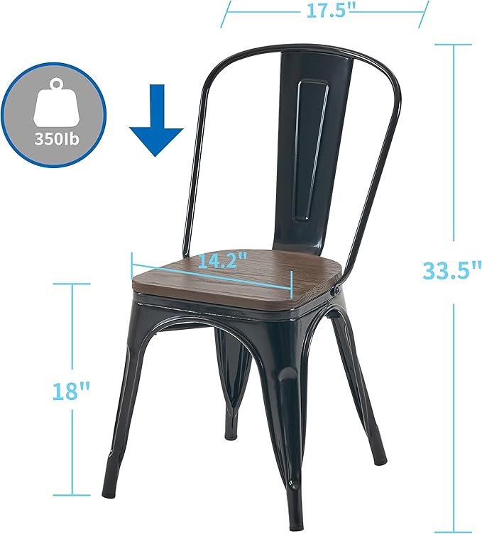 Nazhura Metal Dining Chair Farmhouse Tolix Style for Kitchen Dining Room Café Restaurant Bistro Patio, 18 Inch, Stackable, Waterproof Indoor/Outdoor (Sets of 4) (Black with Wood Padding)