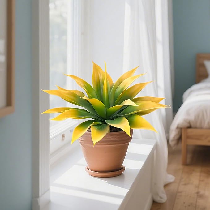 Artificial Agave Faux Agave Fake Greenery Outdoor Artificial Plants Fake Plants for Indoor Home Decoration Plastic Plants Outdoor Decor Front Porch Decor Simulation Plants 18In(Yellow) 2Pack